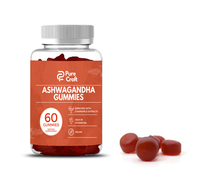 Ashwagandha Gummies By Pure Croft – With Lemon Balm, Chamomile & Vitamin B6 | Vegan | 60 Gummies