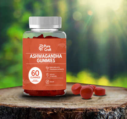Ashwagandha Gummies By Pure Croft – With Lemon Balm, Chamomile & Vitamin B6 | Vegan | 60 Gummies