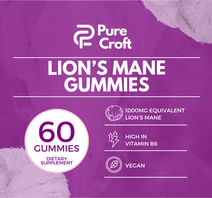 Lion’s Mane Gummies By Pure Croft  – With Vitamin B6 | 1000mg Equivalent Per Gummy| Vegan | 60 Gummies
