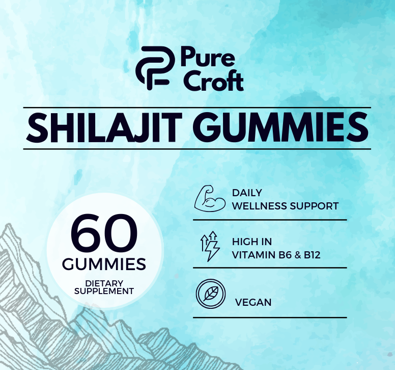 Shilajit Gummies By Pure Croft – 20% Fulvic Acid | With Essential Vitamins for Wellness | Vegan | 60 Gummies