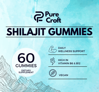 Shilajit Gummies By Pure Croft – 20% Fulvic Acid | With Essential Vitamins for Wellness | Vegan | 60 Gummies