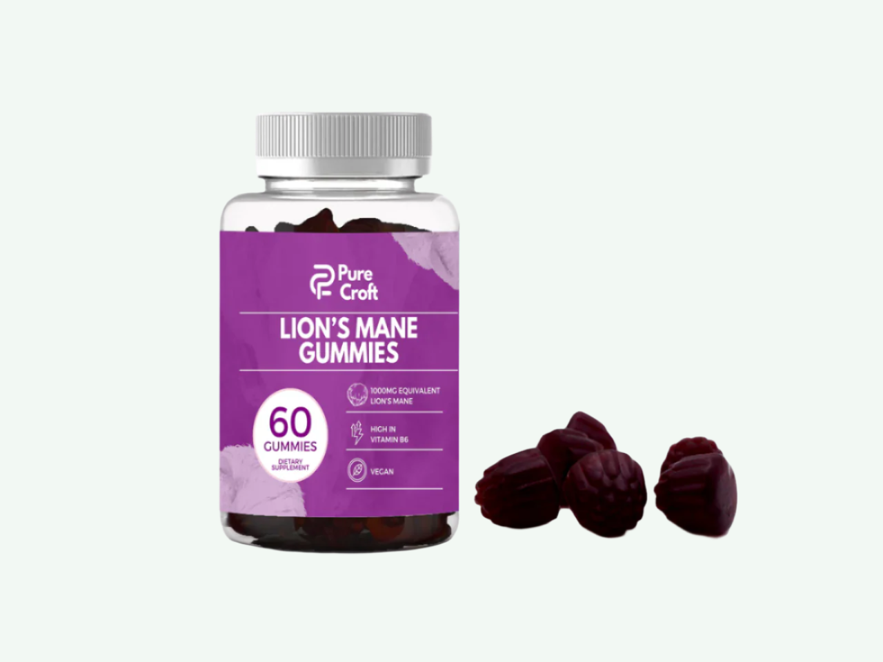 Lion’s Mane Gummies By Pure Croft  – With Vitamin B6 | 1000mg Equivalent Per Gummy| Vegan | 60 Gummies