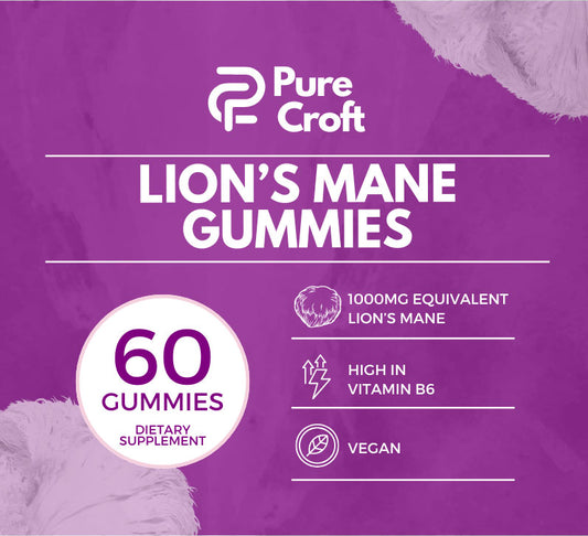 Lion’s Mane Gummies By Pure Croft  – With Vitamin B6 | 1000mg Equivalent Per Gummy| Vegan | 60 Gummies